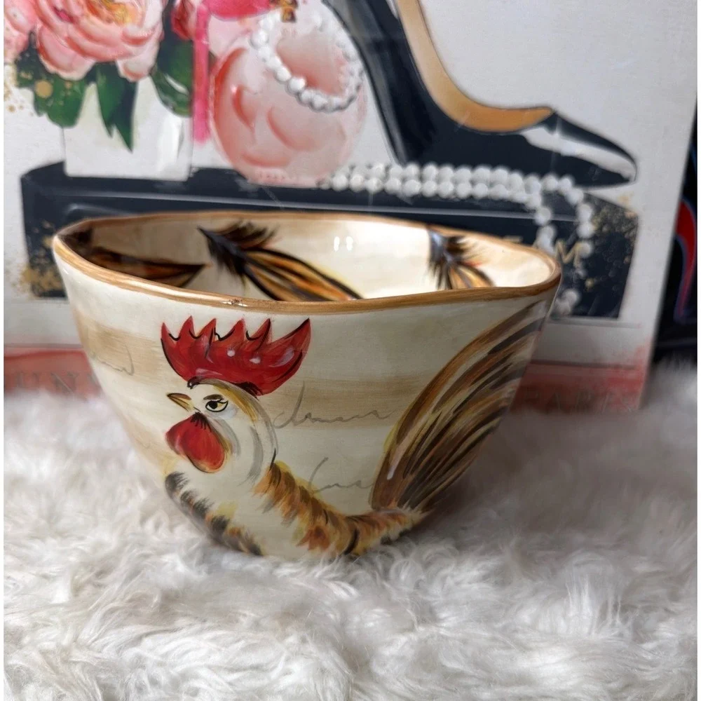 Tabletops Gallery Romalo Rooster Ceramic Bowls Set of 2 Hand Painted Farmhouse
